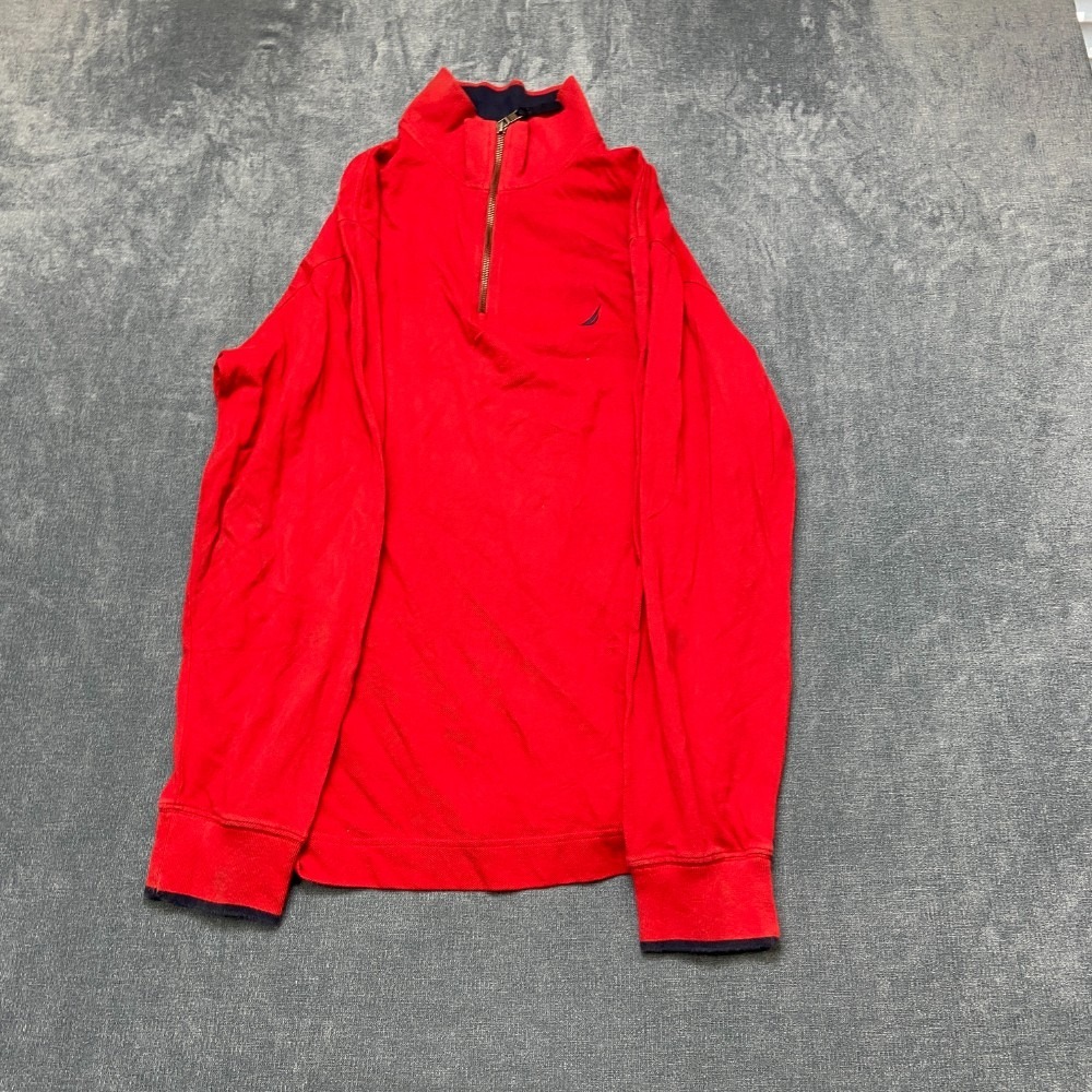 Nautica Sweatshirt Mens Medium Red Cotton Quarter Zip Mock Neck Winter Warm